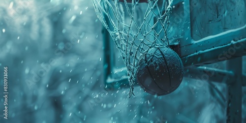 Outdoor basketball court basket, ice blue tone, the back corner of the right side of the basketball hoop, a corner of the backboard vibrates, falling fine dust, extreme close-up, generated with AI photo
