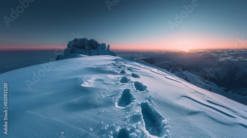 A mountain top covered in snow with a beautiful sunset in the background photo