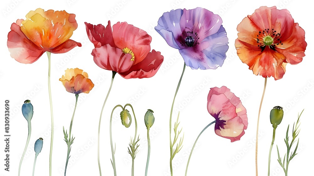 Obraz premium Vibrant Watercolor Poppies on Soft White Background