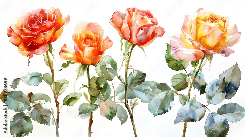 Vibrant Watercolor Roses in Full Bloom on Crisp White Background Vibrant Watercolor Roses in Full Bloom on Crisp White Background