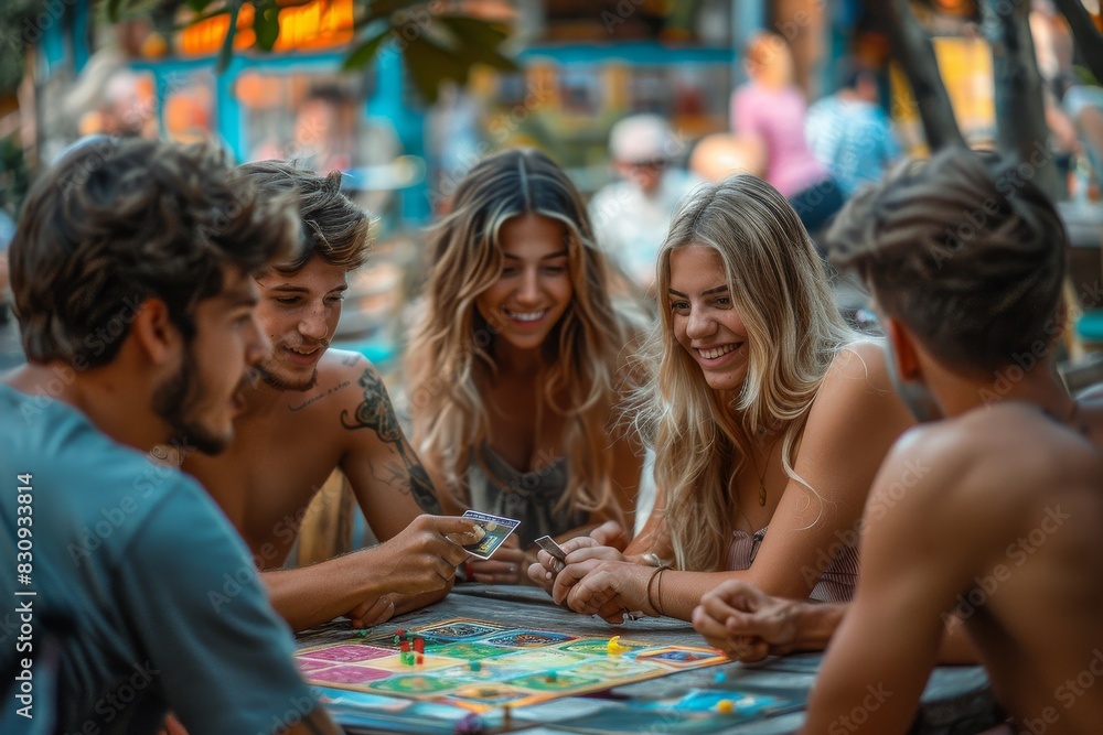 Young diverse people playing board game at park Young diverse people playing board game at park