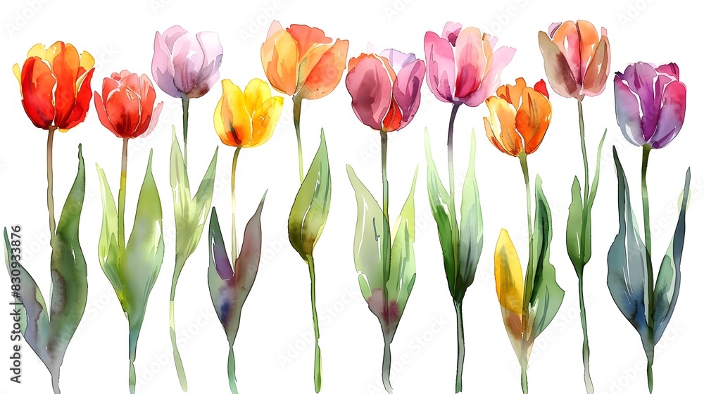 Vibrant Watercolor Tulips in Full Bloom on White Background Vibrant Watercolor Tulips in Full Bloom on White Background