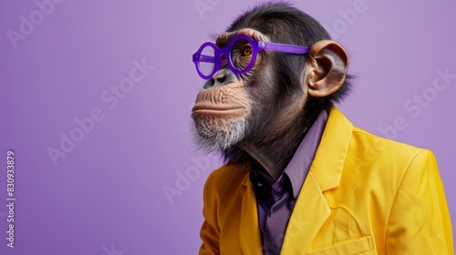 Profile side view portrait of attractive a monkey looking ahead wearing violet horn-rimmed glasses and dressed smartly with yellow suit like a businessman demonstrating copy space, generated with AI photo