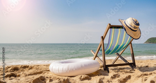 Concepto de vacaciones de verano en la playa. Una silla y un flotador inflable en la arena de la playa con el telón de fondo del mar y el cielo azul