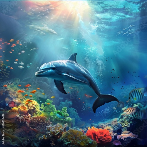 Animals of the underwater sea world. Ecosystem. Colorful tropical fish. Life in the coral reef