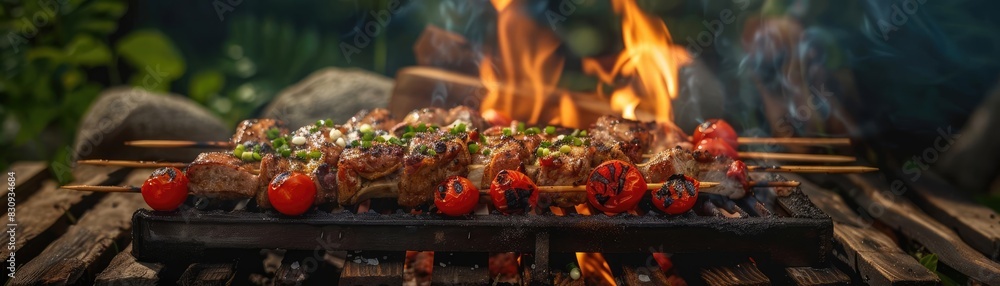 Close-up of delicious grilled kebabs with vegetables on a barbecue grill over an open flame, set outdoors with a blurred natural background.