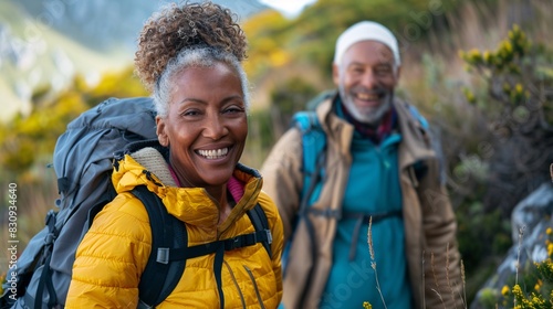 An older couple hiking on a scenic mountain trail  smiling and enjoying the natural beauty around them