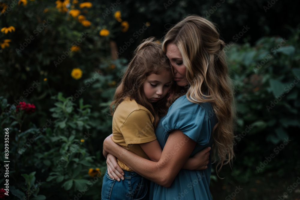 Loving embrace of a mother and daughter in a green garden with blooming yellow flowers Loving embrace of a mother and daughter in a green garden with blooming yellow flowers