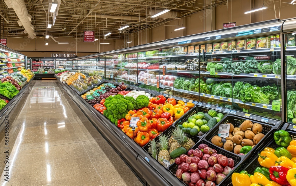 The image shows a clean and elegant supermarket interior, well-organized and brightly lit. The produce section is at the forefront, featuring neatly arranged displays of fresh veget, generated with AI The image shows a clean and elegant supermarket interior, well-organized and brightly lit. The produce section is at the forefront, featuring neatly arranged displays of fresh veget, generated with AI