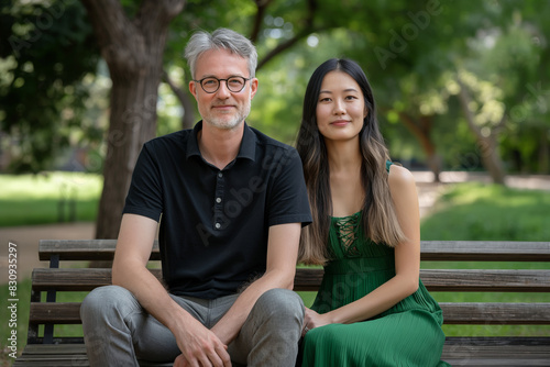 Man with glasses, woman in green, sitting on park bench, outdoor, trees, daylight, casual clothing