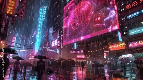 A neon cityscape with people walking in the rain