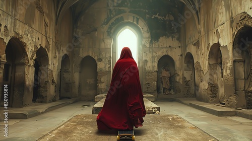 A lone figure in a red cloak sits in an ancient church, bathed in sunlight. photo