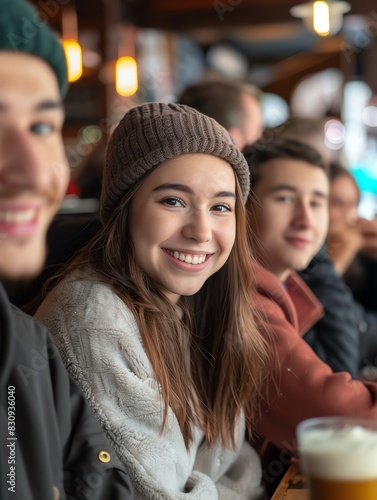 A young woman in a brown beanie smiles at the camera while sitting in a restaurant with friends.