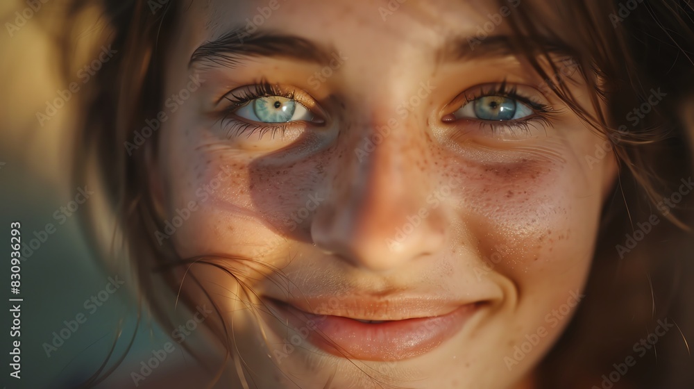 A beautiful young woman with freckles on her face and blue eyes is smiling. She has long brown hair and is wearing a white shirt. The background is blurred. A beautiful young woman with freckles on her face and blue eyes is smiling. She has long brown hair and is wearing a white shirt. The background is blurred.