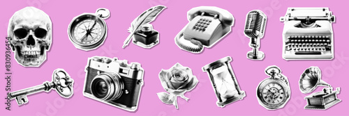 grunge retro halftone objects. Vintage microphone, Classic camera, Typewriter, Gramophone/record player, Telephone (rotary or vintage style), Hourglass, Quill pen and ink bottle, Compass, Pocket watch