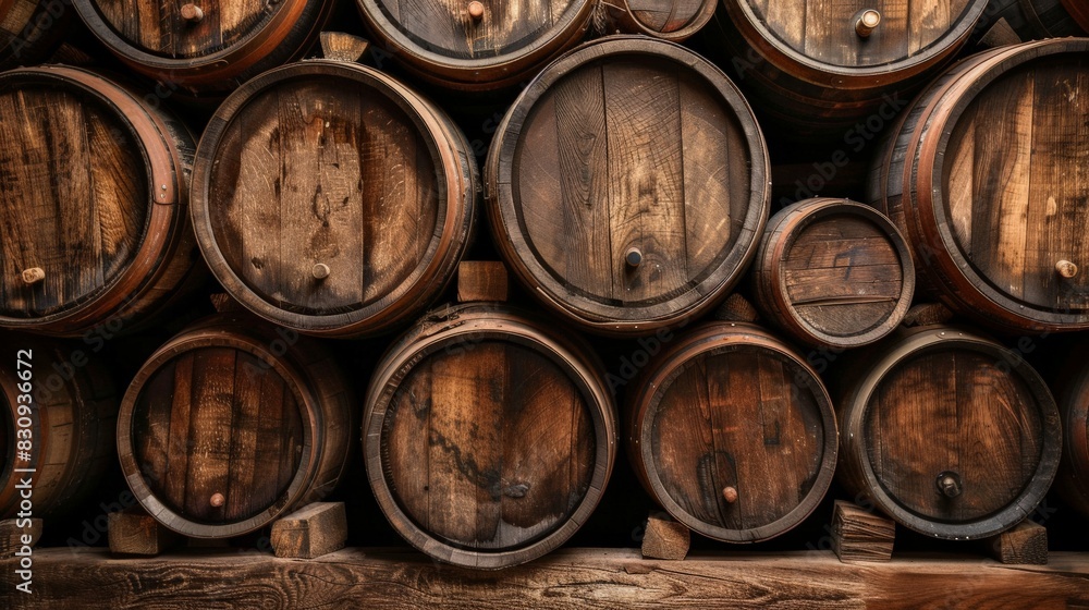 Background of stacked oak beer barrels in a traditional brewery setting Background of stacked oak beer barrels in a traditional brewery setting