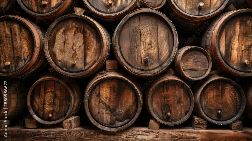 Background of stacked oak beer barrels in a traditional brewery setting