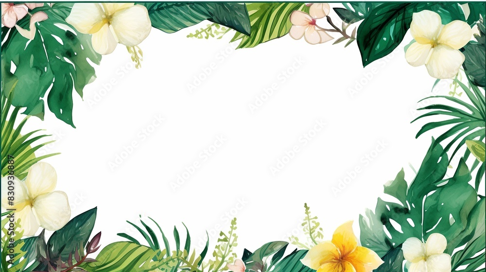 Beautiful floral border with tropical leaves and flowers on a white background, perfect for invitations, frames, and decorative designs.