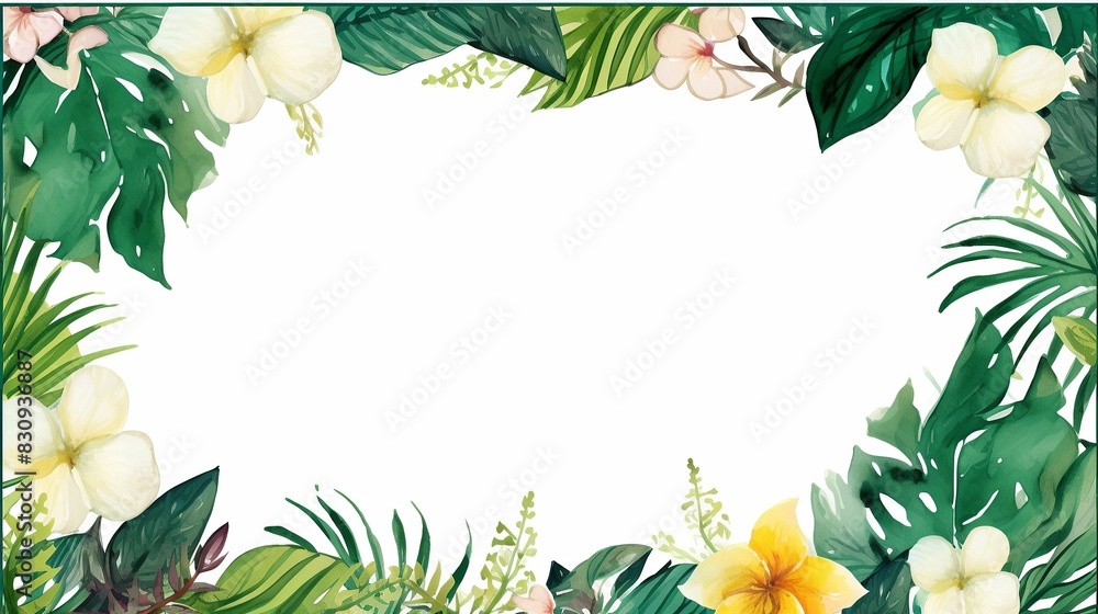 Naklejka premium Beautiful floral border with tropical leaves and flowers on a white background, perfect for invitations, frames, and decorative designs.