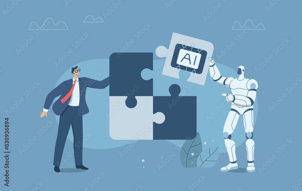 Businessman build a jigsaw puzzle together with a robot, Collaboration of personnel with artificial intelligence, Teamwork with AI, Development of innovation and new technology, Vector illustration. Businessman build a jigsaw puzzle together with a robot, Collaboration of personnel with artificial intelligence, Teamwork with AI, Development of innovation and new technology, Vector illustration.