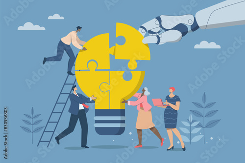 Collaboration of personnel with artificial intelligence or AI, New innovation development, Symbol of teamwork with AI, Businessmen work together to complete a light bulb jigsaw puzzle. Vector design.