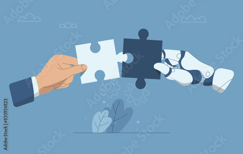 Collaboration of personnel with artificial intelligence, Teamwork with AI, Hand of businessman put together a jigsaw puzzle together with hand of  robot, Vector design illustration.