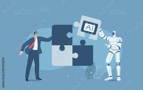 Businessman build a jigsaw puzzle together with a robot, Collaboration of personnel with artificial intelligence, Teamwork with AI, Development of innovation and new technology, Vector illustration.