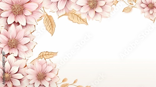 Elegant floral background with pink flowers and golden leaves, perfect for invitations, greeting cards, and wedding stationery. photo