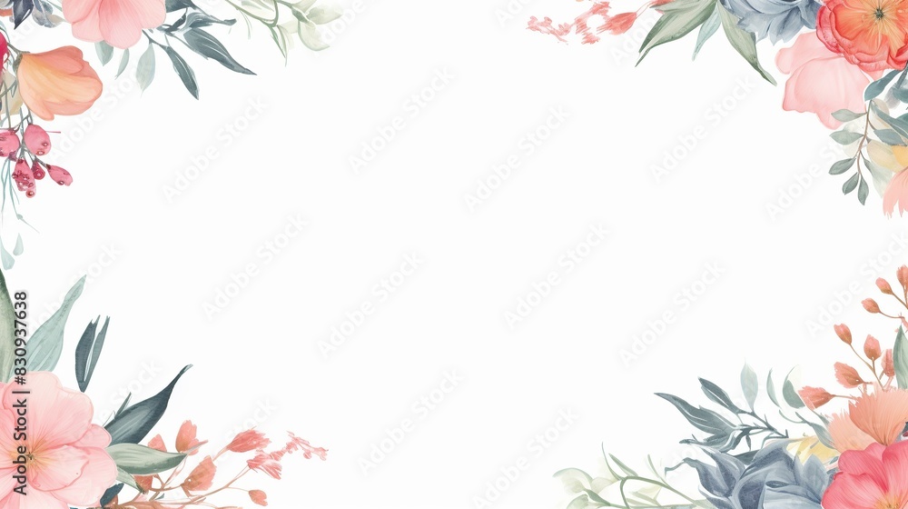 Elegant floral frame illustration with soft pastel flowers and leaves on a white background, perfect for wedding, invitation, and greeting card design.