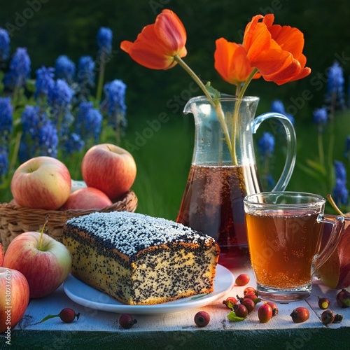 The theme of the Makovia holiday. Pie with poppy on tray, red apples, glass jug with compote and three poppies and glass cup with stewed fruits. Ukrainian holiday photo