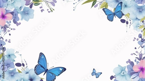 Elegant floral frame with blue butterflies and delicate flowers for invitations, greeting cards, and decorative designs.