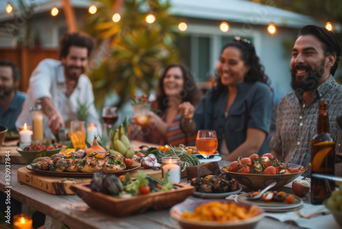 a group of friends enjoying a potluck dinner in a backyard  with diverse dishes  laughter  and warm lighting  capturing community and shared meals.