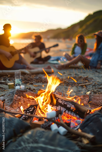 a group of friends enjoying a summer evening by a campfire on a beach, with guitars and marshmallows