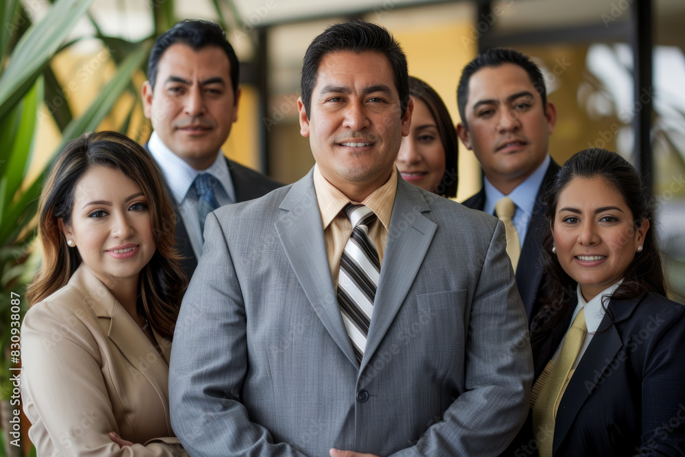 a Hispanic business team posing for a portrait, exuding pride, confidence, and motivation, illustrating the effectiveness of teamwork. a Hispanic business team posing for a portrait, exuding pride, confidence, and motivation, illustrating the effectiveness of teamwork.