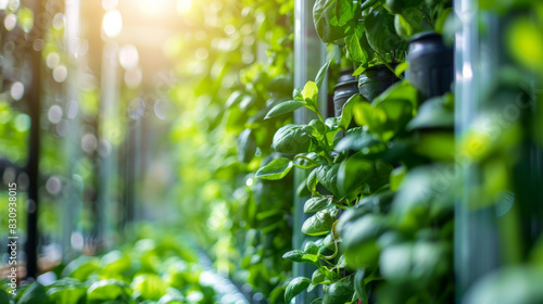 a high-tech vertical farm with lush green plants