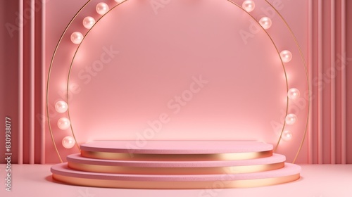 Elegant pink podium with round frame and lights, perfect for product display, promotions, or special events. Minimalist design. High-quality rendering. photo