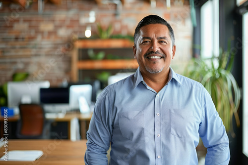 a Hispanic entrepreneur radiating confidence and professionalism in a modern office.