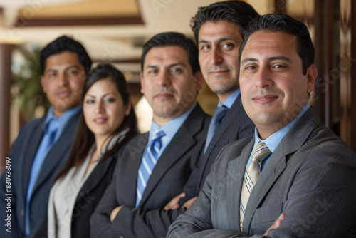a Hispanic business team posing for a portrait  exuding pride  confidence  and motivation  illustrating the effectiveness of teamwork.