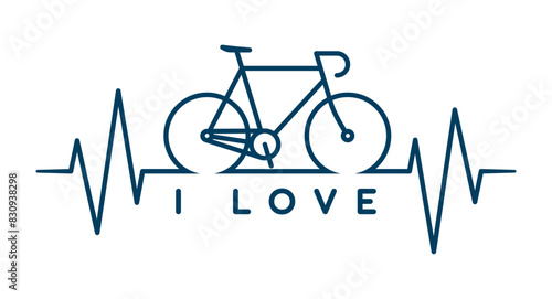 Vector blue image of road bike with medical pulse line. Isolated on white background.
