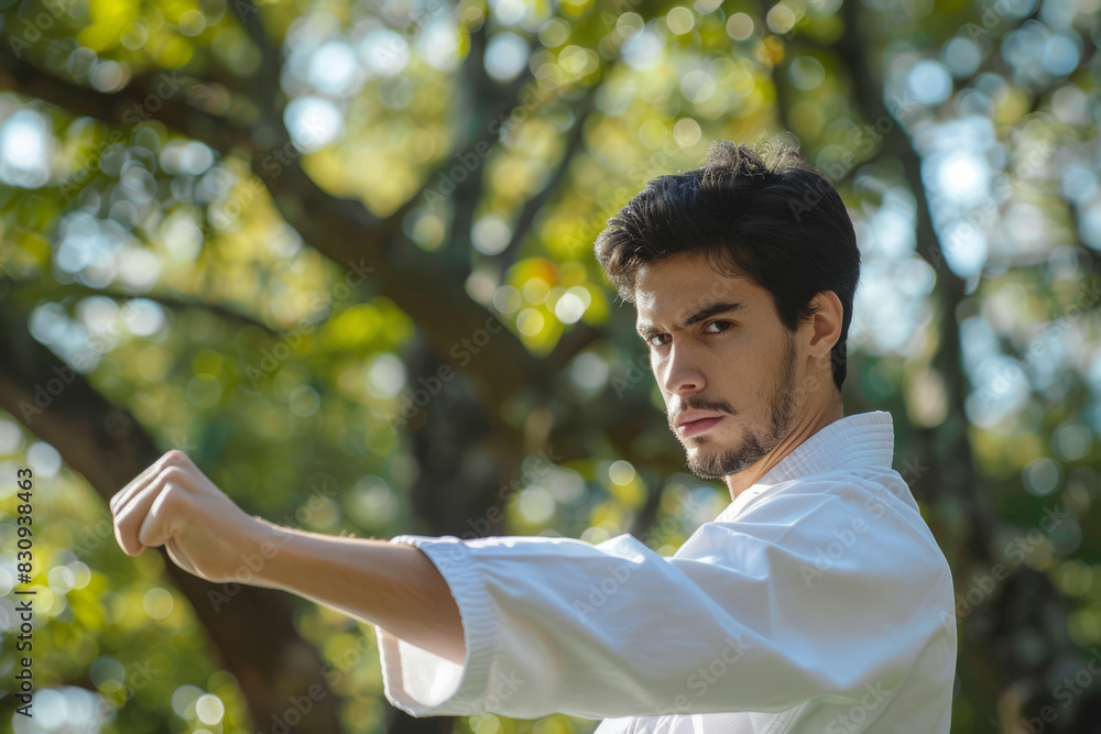a man practicing martial arts in a park, with focused expressions and dynamic movements, promoting physical fitness and discipline. a man practicing martial arts in a park, with focused expressions and dynamic movements, promoting physical fitness and discipline.