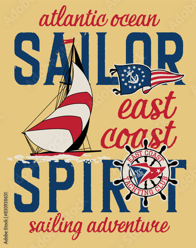 East coast yachting club sailing adventure  cute vintage vector print for children kid boy marine wear tee shirt with embroidery patches applique