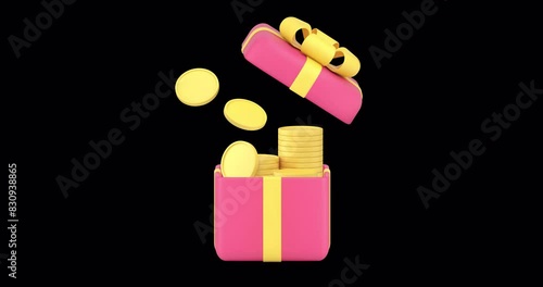 Financial gift box open present surprise full of golden cash coin money stack 3d icon animation with alpha channel