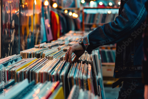 a person browsing vinyl records in a retro music store, with vintage decor and focused expression, promoting nostalgia and music culture. photo