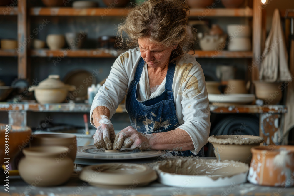 a person making pottery on a wheel in a rustic studio, with clay, tools, and focused expressions, illustrating craftsmanship and creative hobbies. a person making pottery on a wheel in a rustic studio, with clay, tools, and focused expressions, illustrating craftsmanship and creative hobbies.