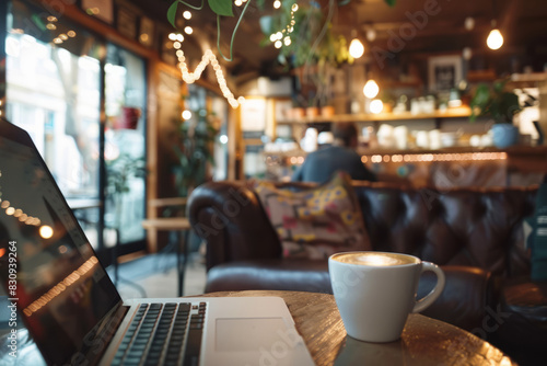 a person working on a laptop in a cozy coffee shop  with a cup of coffee and a relaxed atmosphere  promoting remote work and comfortable workspaces.