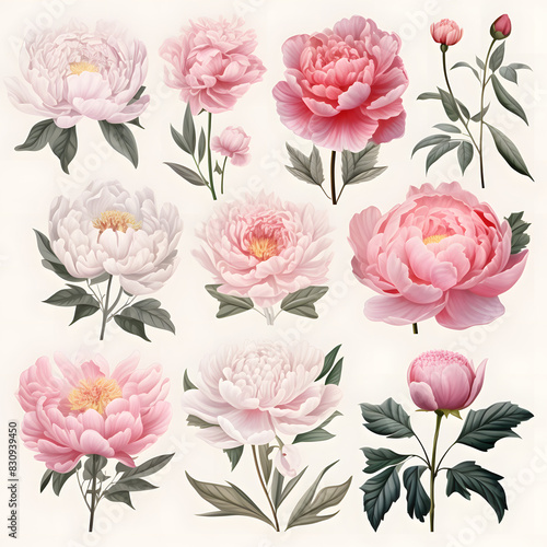 set of Peonies, plants, leaves and flowers. illustrations of beautiful realistic flowers for background, pattern or wedding invitations