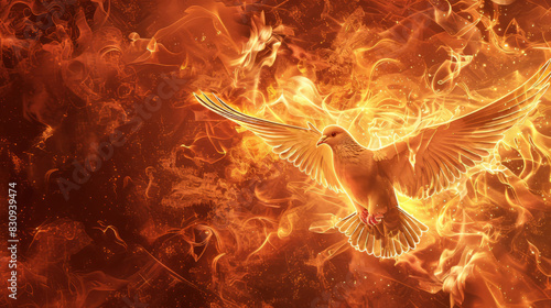 A representation of the Holy Spirit from the New Testament, depicted as a winged dove surrounded by flames, with room for text. photo