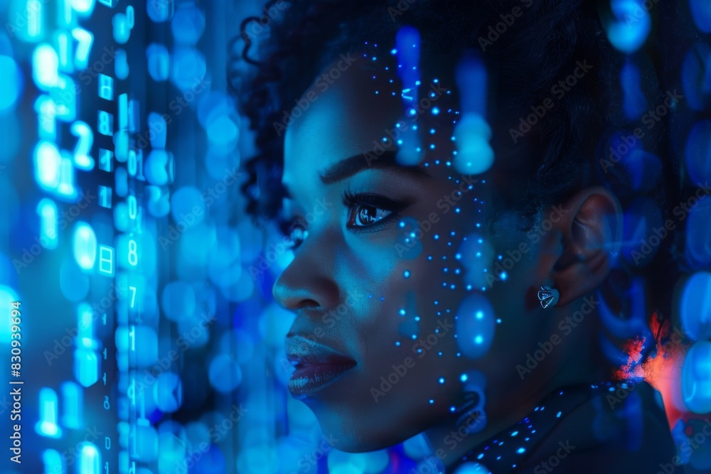 An obscured portrait of a woman with a digital data overlay, suggesting themes of AI and cyber identity An obscured portrait of a woman with a digital data overlay, suggesting themes of AI and cyber identity