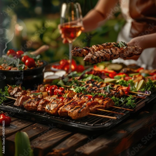 Delicious backyard barbecue with grilled skewers, vegetables, and wine under the evening light. Perfect for social gatherings.