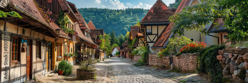 a scenic mountain village with charming cottages and cobblestone streets photo